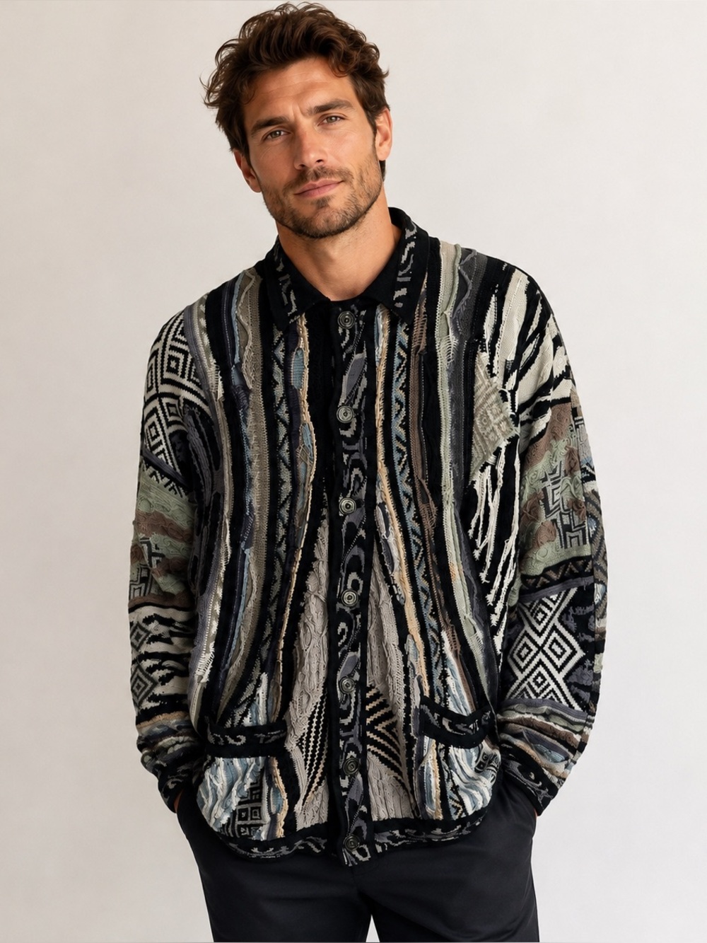 Vintage Coogi Australia 3D Knit Cardigan Sweater Earth Tones Biggie Style Size M